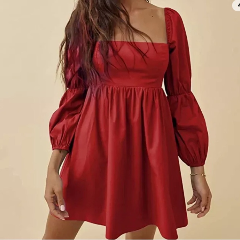 EXLURA Womens Square Neck Dress Long Puff Sleeve A-Line Casual Short Mini Dress